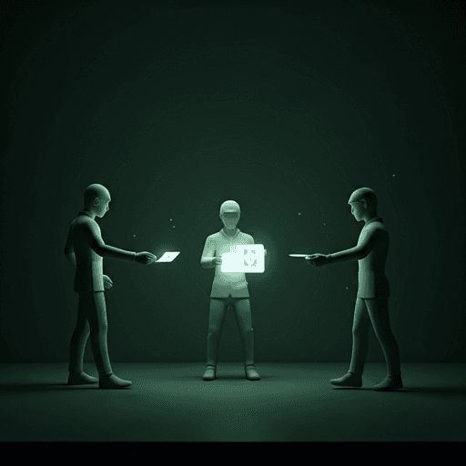 Abstract Memphis illustration of figures passing glowing cards