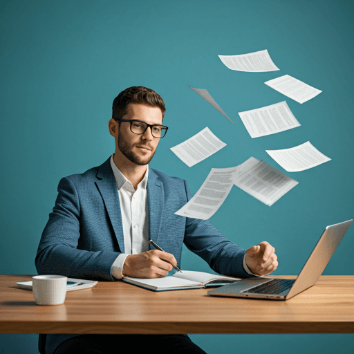 Memphis figure at desk with floating documents